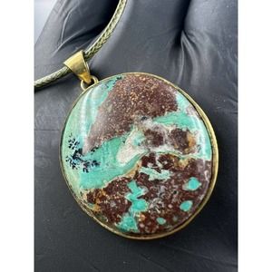 Natural Persian Turquoise Pendant Metal Brass Handmade With Rope